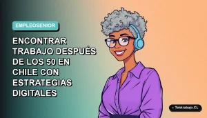Ilustración vectorial plana de mujer profesional mayor de 50 años sonriendo, con fondo degradado azul verdoso. Representa la búsqueda de empleo con estrategias digitales en Chile.