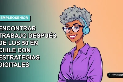 Ilustración vectorial plana de mujer profesional mayor de 50 años sonriendo, con fondo degradado azul verdoso. Representa la búsqueda de empleo con estrategias digitales en Chile.