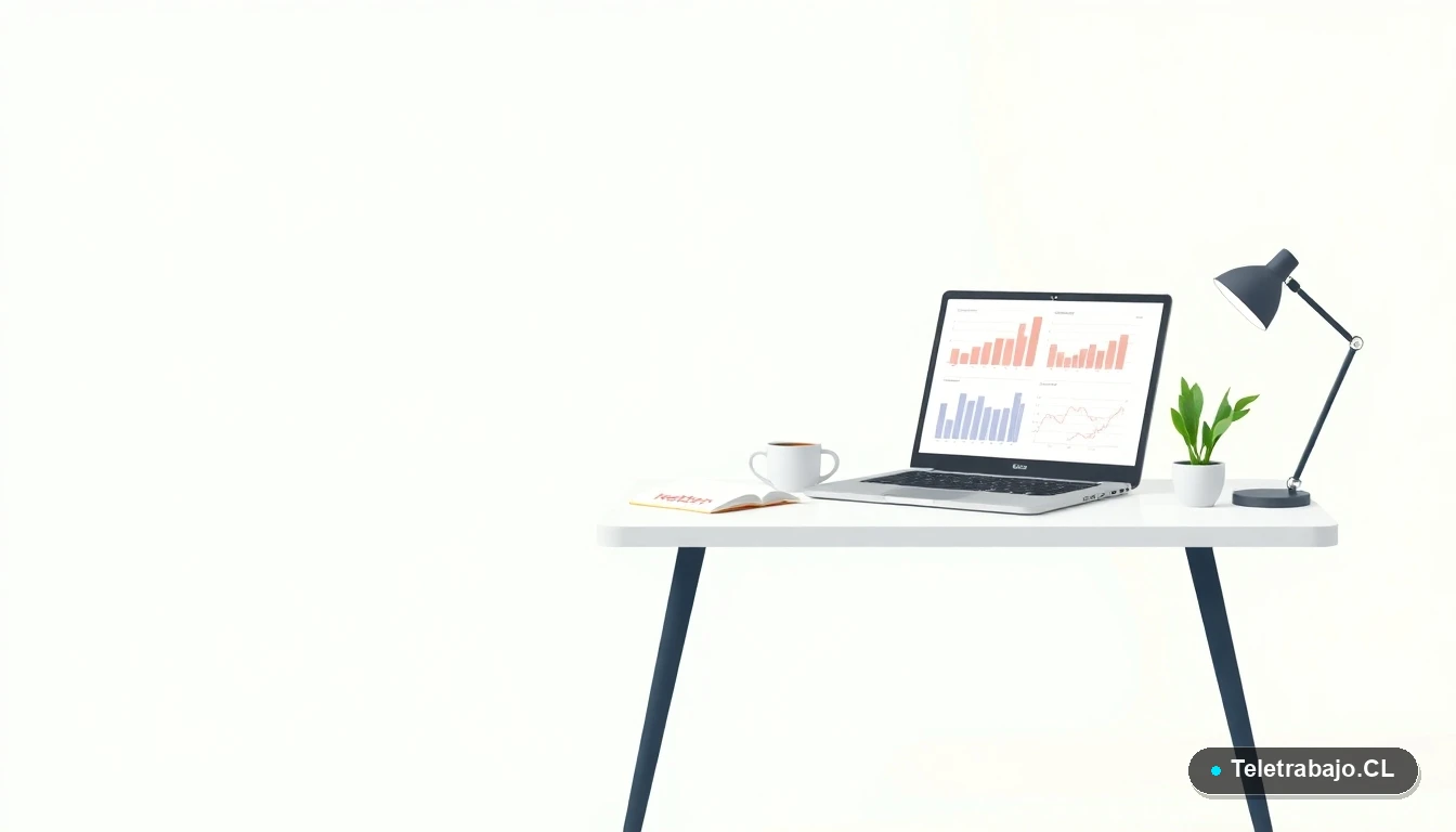 Escritorio moderno minimalista con laptop, gráficos digitales, taza de café y planta, sobre fondo degradado verde menta. Representa herramientas de trabajo digital para profesionales.