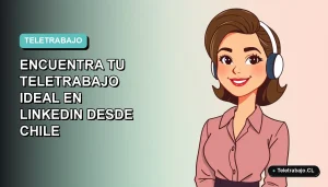 Ilustración plana de mujer chilena profesional trabajando remotamente desde su casa, con fondo degradado azul y verde, estilo corporativo moderno.