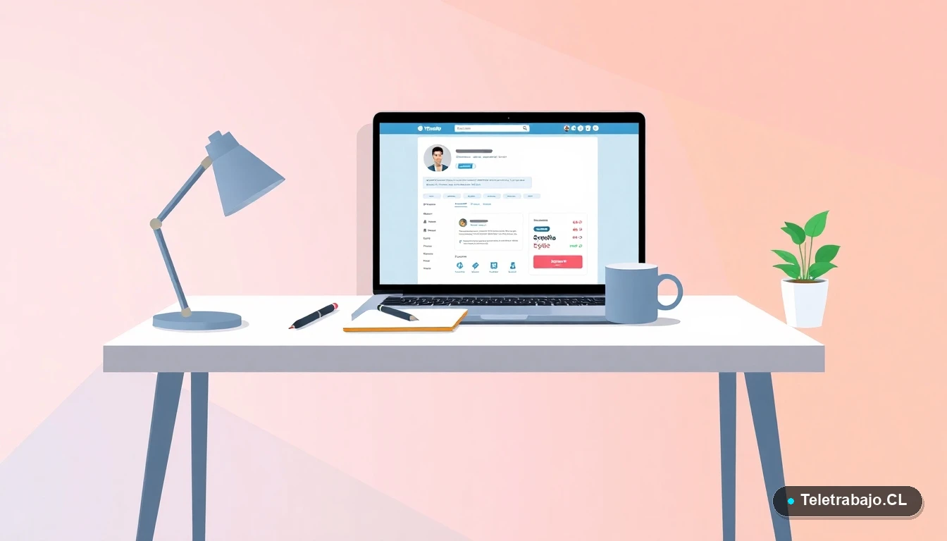 Escritorio moderno minimalista para teletrabajo con laptop, taza de café y planta, ilustración plana con fondo degradado lavanda y durazno.