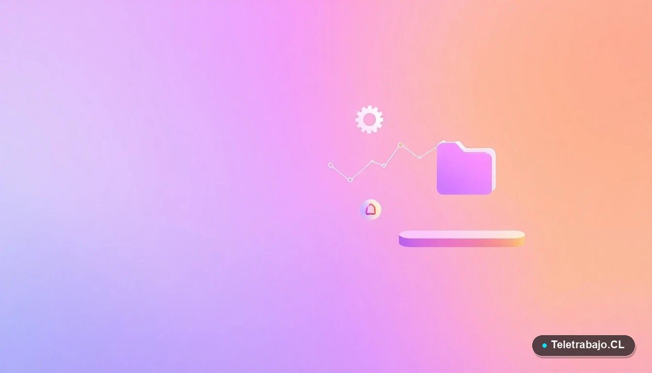 Interfaz de usuario abstracta con gráficos y iconos flotantes, sobre fondo degradado lila, representando herramientas digitales para la gestión remota.