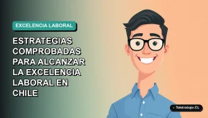 Ilustración plana corporativa de un trabajador chileno sonriente con camisa azul y lentes, sobre fondo degradado verde azulado, representando éxito profesional.