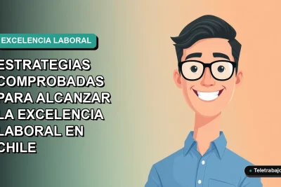 Ilustración plana corporativa de un trabajador chileno sonriente con camisa azul y lentes, sobre fondo degradado verde azulado, representando éxito profesional.