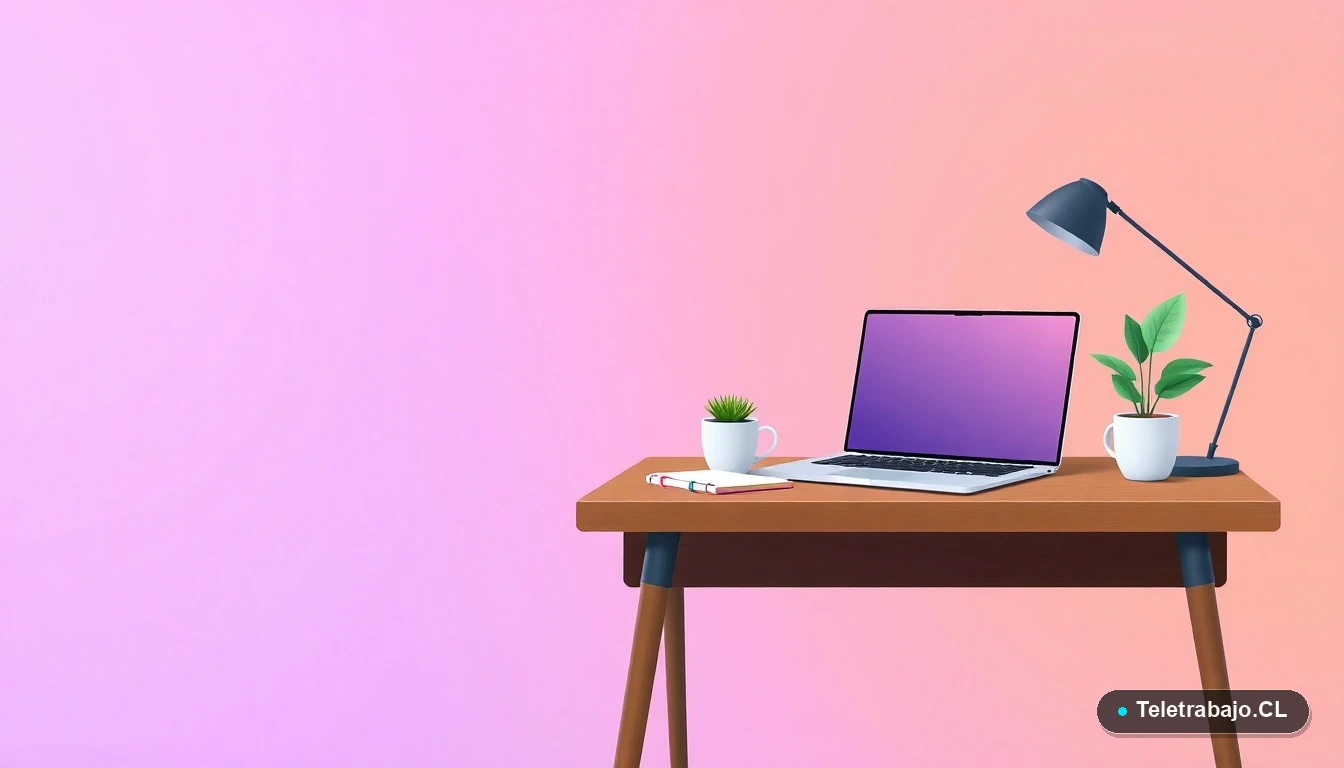 Escritorio moderno minimalista con laptop, cuaderno, taza de café y planta suculenta, sobre fondo degradado lavanda y durazno, concepto de espacio de trabajo productivo.