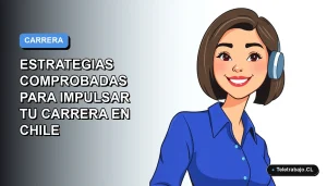 Ilustración vectorial plana de una mujer profesional chilena con blusa azul y corte bob, sobre fondo degradado azul y blanco, representando crecimiento laboral.