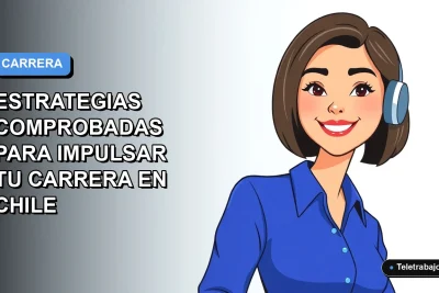 Ilustración vectorial plana de una mujer profesional chilena con blusa azul y corte bob, sobre fondo degradado azul y blanco, representando crecimiento laboral.