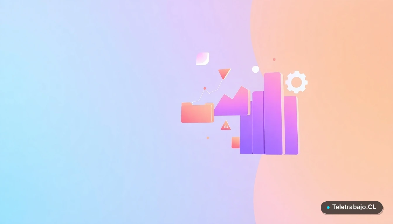 Composición abstracta de interfaz de usuario con gráficos, engranajes y carpetas flotantes en tonos lavanda y durazno, sobre fondo degradado menta, representando estrategias y datos.