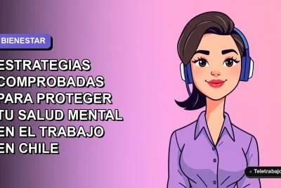 Ilustración plana de mujer profesional chilena con expresión tranquila, sobre fondo degradado lavanda. Representa estrategias de salud mental en el trabajo.