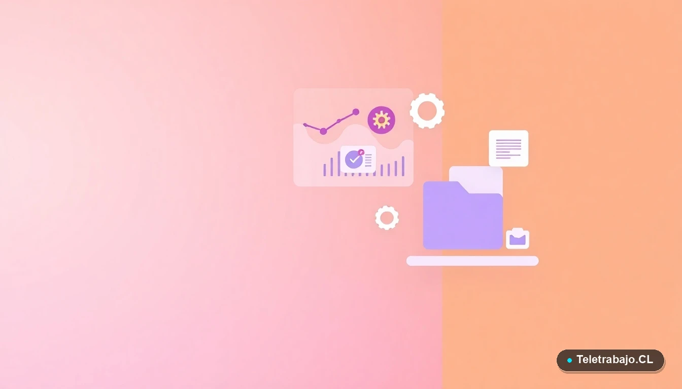 Elementos de interfaz de usuario abstractos y coloridos, como gráficos y engranajes flotantes, sobre fondo degradado melocotón. Concepto de gestión y estrategia.