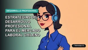 Ilustración plana corporativa de una mujer profesional chilena con blusa azul y anteojos, sobre un fondo degradado suave, representando estrategias de crecimiento laboral.