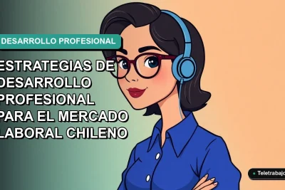 Ilustración plana corporativa de una mujer profesional chilena con blusa azul y anteojos, sobre un fondo degradado suave, representando estrategias de crecimiento laboral.