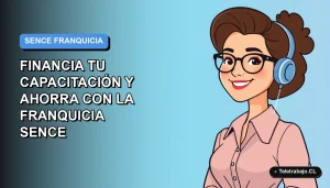 Ilustración plana corporativa de una trabajadora remota sonriente junto a elementos de finanzas y capacitación, sobre fondo degradado azul.