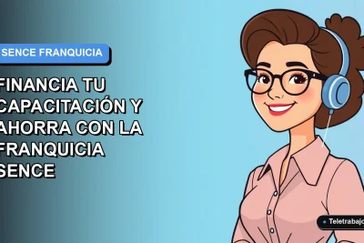 Ilustración plana corporativa de una trabajadora remota sonriente junto a elementos de finanzas y capacitación, sobre fondo degradado azul.