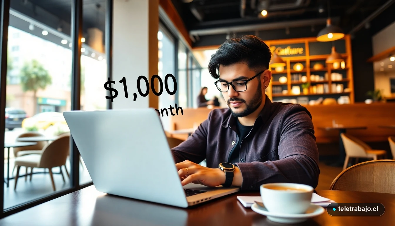 Profesional chileno trabajando de forma remota en un café, planificando cómo alcanzar ingresos de 1000 dólares mensuales