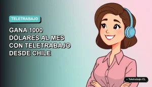 Ilustración plana vectorial de una mujer chilena joven trabajando remotamente desde su casa, con una sonrisa, mirando hacia la izquierda. Fondo con degradado suave de color verde azulado (teal). Concepto de teletrabajo y éxito financiero.