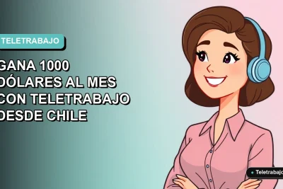 Ilustración plana vectorial de una mujer chilena joven trabajando remotamente desde su casa, con una sonrisa, mirando hacia la izquierda. Fondo con degradado suave de color verde azulado (teal). Concepto de teletrabajo y éxito financiero.