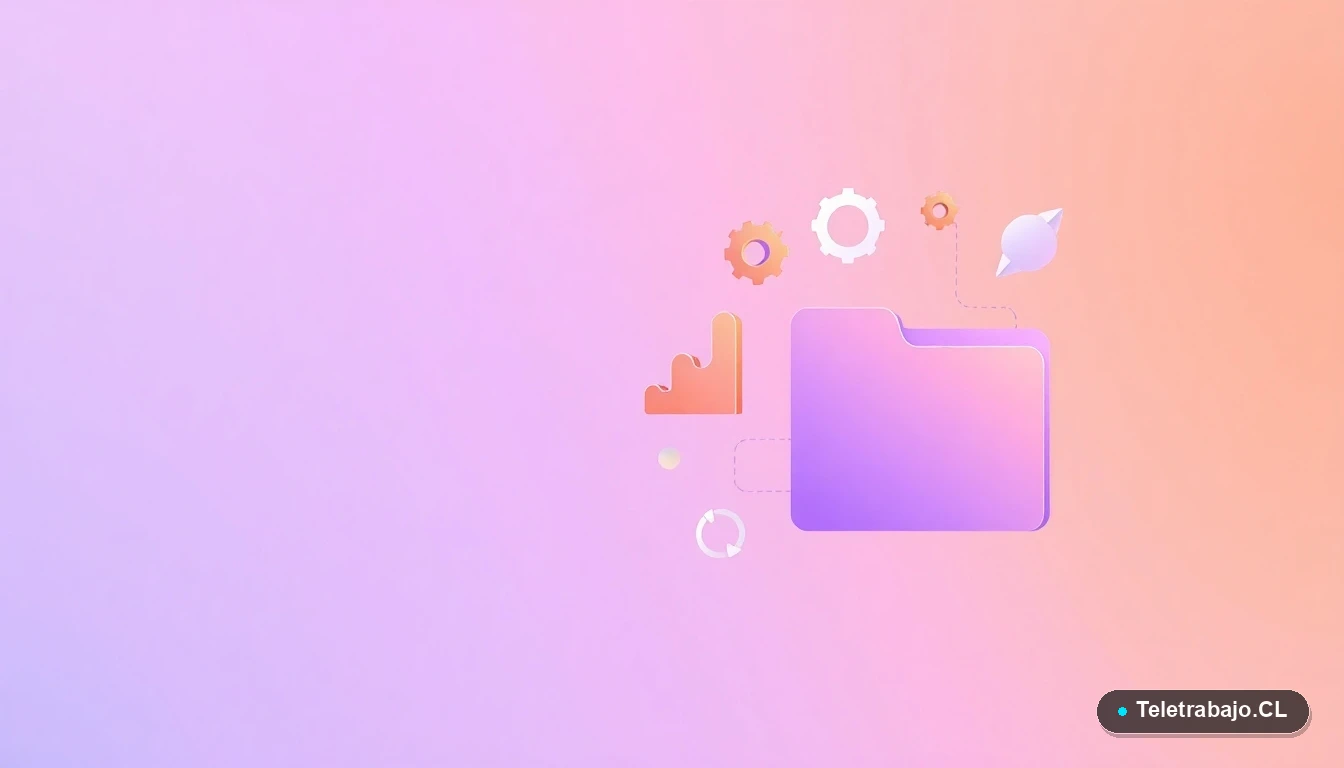 Composición abstracta de interfaz de usuario tecnológica con gráficos flotantes y iconos minimalistas, sobre un fondo con degradado suave. Concepto de datos, productividad y trabajo digital remoto.
