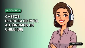 Ilustración vectorial plana de una mujer profesional autónoma chilena sonriendo, con fondo degradado verde y azul. Concepto de guía de gastos deducibles para el SII.