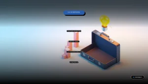 Ilustración isométrica minimalista de elementos corporativos como maletines, gráficos y una bombilla brillante sobre un fondo pastel, representando una guía para entrevistas de trabajo.