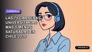 Ilustración vectorial plana de una mujer profesional chilena con blusa azul y corte bob, sobre fondo degradado azul y lila, representando el análisis de carreras universitarias saturadas y no saturadas en Chile 2026.
