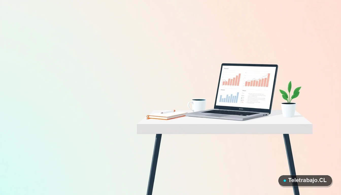 Escritorio moderno minimalista con laptop, gráficos abstractos, cuaderno y planta, sobre fondo degradado menta y verde azulado, concepto de análisis de datos educativos y saturación de carreras.