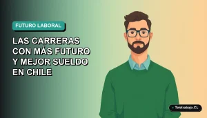 Ilustración vectorial plana de un hombre profesional de teletrabajo, con suéter verde, sobre fondo degradado azul verdoso. Representa carreras con futuro en Chile.
