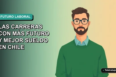 Ilustración vectorial plana de un hombre profesional de teletrabajo, con suéter verde, sobre fondo degradado azul verdoso. Representa carreras con futuro en Chile.