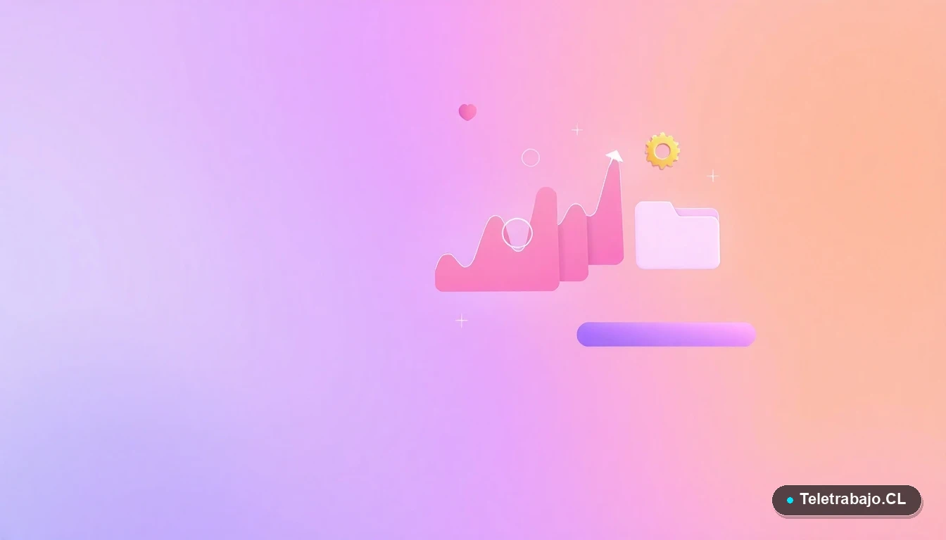 Ilustración abstracta de interfaz tecnológica con gráficos y engranajes flotantes en colores lavanda y durazno, sobre fondo degradado. Concepto de carreras tecnológicas en Chile.