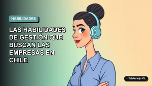 Ilustración plana vectorial de una mujer profesional chilena con blusa azul y pelo recogido, sobre fondo degradado suave, representando habilidades de gestión empresarial.