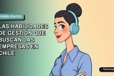 Ilustración plana vectorial de una mujer profesional chilena con blusa azul y pelo recogido, sobre fondo degradado suave, representando habilidades de gestión empresarial.