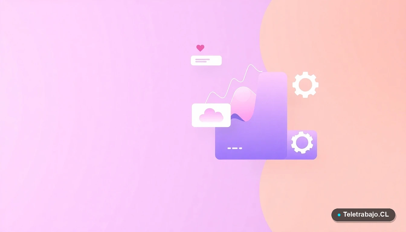 Composición abstracta de interfaz de usuario con gráficos y engranajes flotantes en estilo vectorial plano, sobre fondo degradado lavanda, representando conceptos de gestión y tecnología.