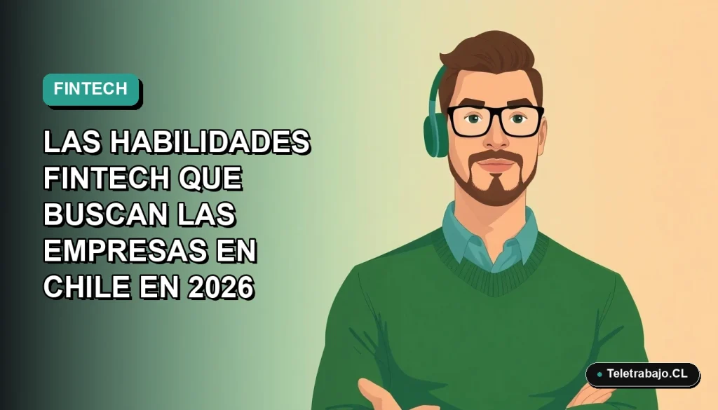 Ilustración plana vectorial de un trabajador de tecnología remoto, hombre con suéter verde, sobre un fondo degradado azul verdoso. Representa las habilidades digitales más demandadas en Chile para 2026.