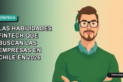 Ilustración plana vectorial de un trabajador de tecnología remoto, hombre con suéter verde, sobre un fondo degradado azul verdoso. Representa las habilidades digitales más demandadas en Chile para 2026.