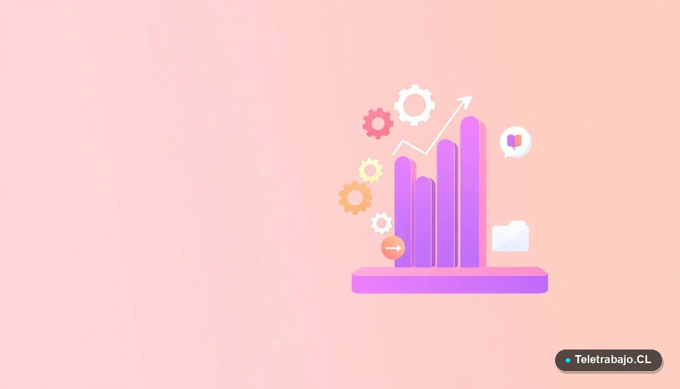 Composición abstracta de interfaz de usuario tecnológica con gráficos, engranajes y carpetas flotantes en tonos lavanda y durazno, sobre fondo degradado. Concepto de innovación y datos para habilidades FinTech.