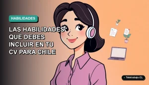 Ilustración plana de trabajadora remota chilena sonriente junto a elementos de oficina moderna, sobre fondo degradado verde azulado.