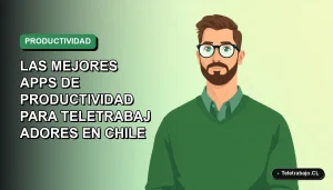 Ilustración vectorial plana de un trabajador remoto hombre con suéter verde y camisa, sobre fondo degradado suave. Representa la guía de mejores apps para teletrabajadores en Chile.