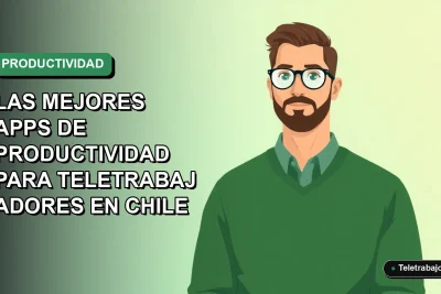Ilustración vectorial plana de un trabajador remoto hombre con suéter verde y camisa, sobre fondo degradado suave. Representa la guía de mejores apps para teletrabajadores en Chile.