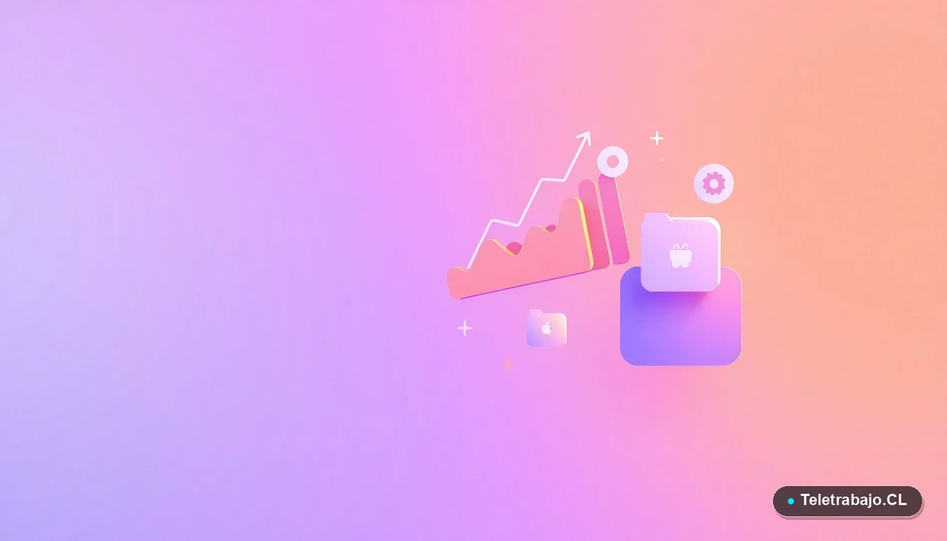 Composición abstracta de interfaz de usuario con gráficos, engranajes y carpetas flotantes en tonos lavanda y durazno, sobre fondo degradado. Concepto visual de productividad y tecnología para teletrabajo.