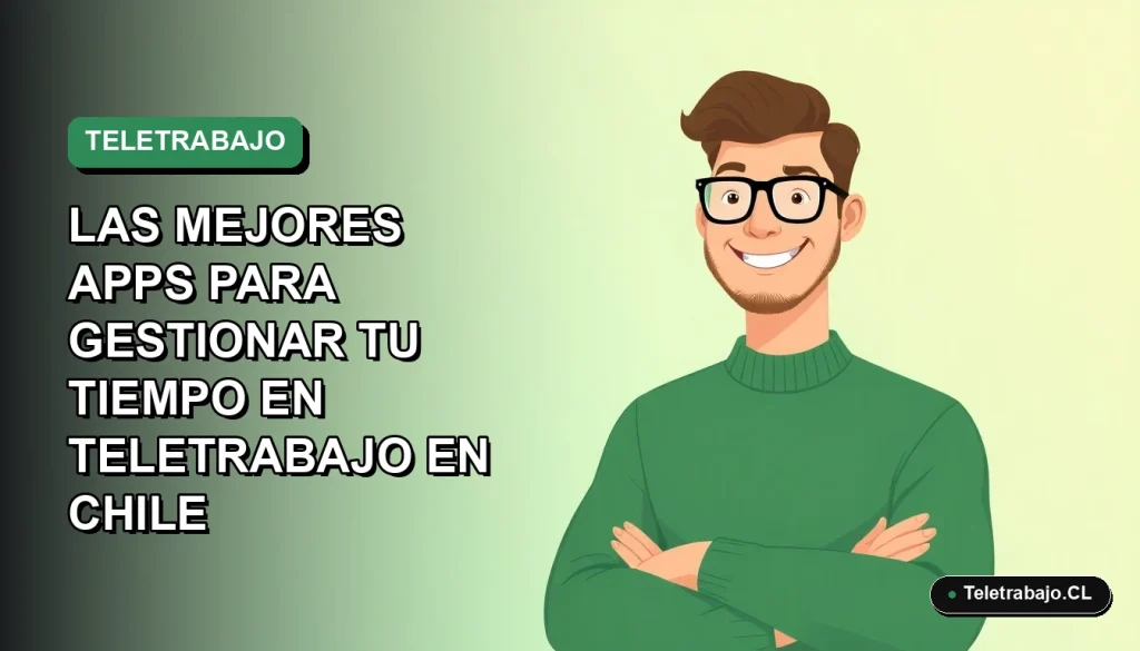 Ilustración vectorial plana de un trabajador remoto hombre con suéter verde sonriendo, sobre un fondo degradado suave, representando la gestión del tiempo en teletrabajo en Chile.