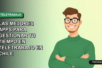 Ilustración vectorial plana de un trabajador remoto hombre con suéter verde sonriendo, sobre un fondo degradado suave, representando la gestión del tiempo en teletrabajo en Chile.