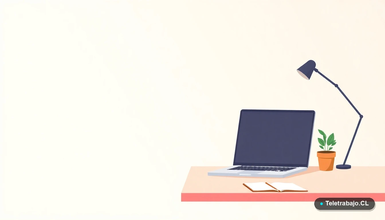 Ilustración de un escritorio moderno y minimalista para teletrabajo con laptop, cuaderno, café y una planta, sobre fondo degradado color menta.