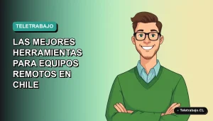 Ilustración plana corporativa de un trabajador remoto chileno sonriente con suéter verde, sobre fondo degradado azul verdoso. Concepto de teletrabajo y herramientas digitales.