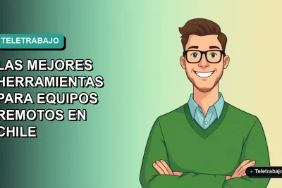 Ilustración plana corporativa de un trabajador remoto chileno sonriente con suéter verde, sobre fondo degradado azul verdoso. Concepto de teletrabajo y herramientas digitales.