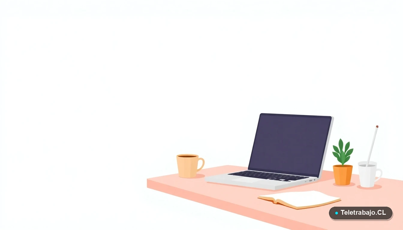 Escritorio moderno minimalista para teletrabajo con laptop, cuaderno, taza de café y planta suculenta, ilustración plana sobre fondo degradado menta.