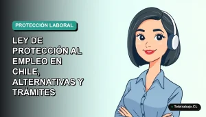 Ilustración vectorial plana de una mujer profesional chilena con blusa azul y corte de pelo bob, sobre fondo degradado verde azulado, representando la nueva Ley de Protección al Empleo 2026.