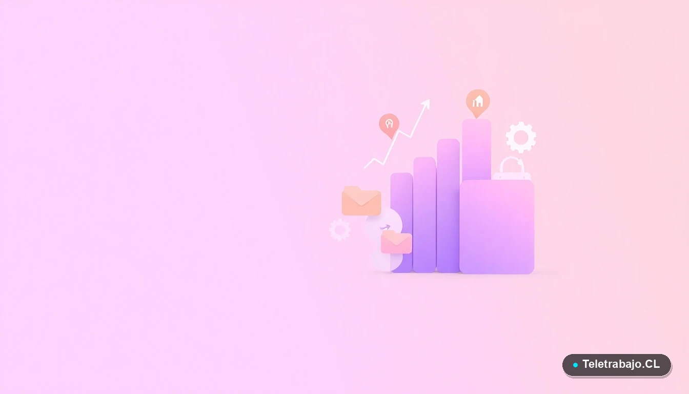 Composición abstracta de interfaz de usuario con gráficos flotantes, engranajes y carpetas en tonos lavanda y durazno, representando conceptos de gestión y trámites laborales digitales en Chile.