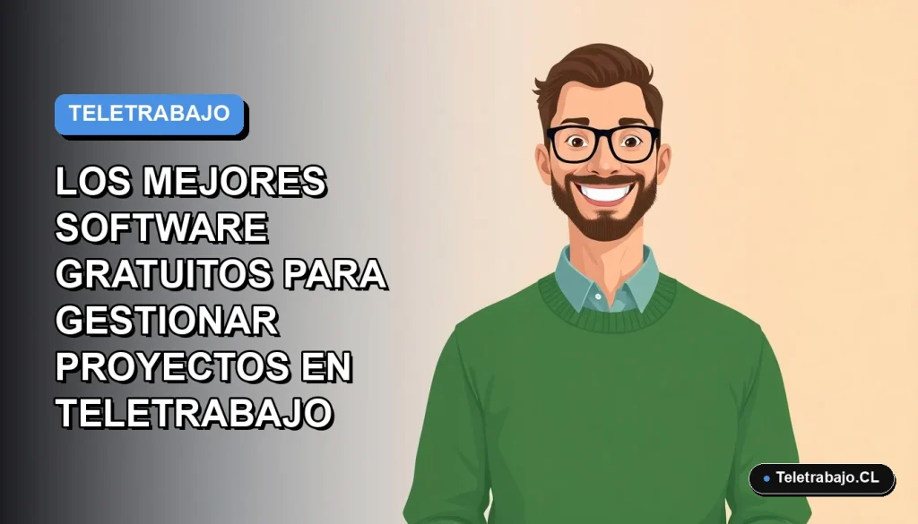 Ilustración plana vectorial de un trabajador remoto masculino con suéter verde, sonriendo, sobre un fondo degradado azul y gris. Espacio negativo a la izquierda.