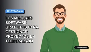 Ilustración plana vectorial de un trabajador remoto masculino con suéter verde, sonriendo, sobre un fondo degradado azul y gris. Espacio negativo a la izquierda.