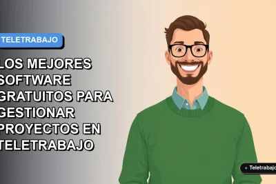 Ilustración plana vectorial de un trabajador remoto masculino con suéter verde, sonriendo, sobre un fondo degradado azul y gris. Espacio negativo a la izquierda.